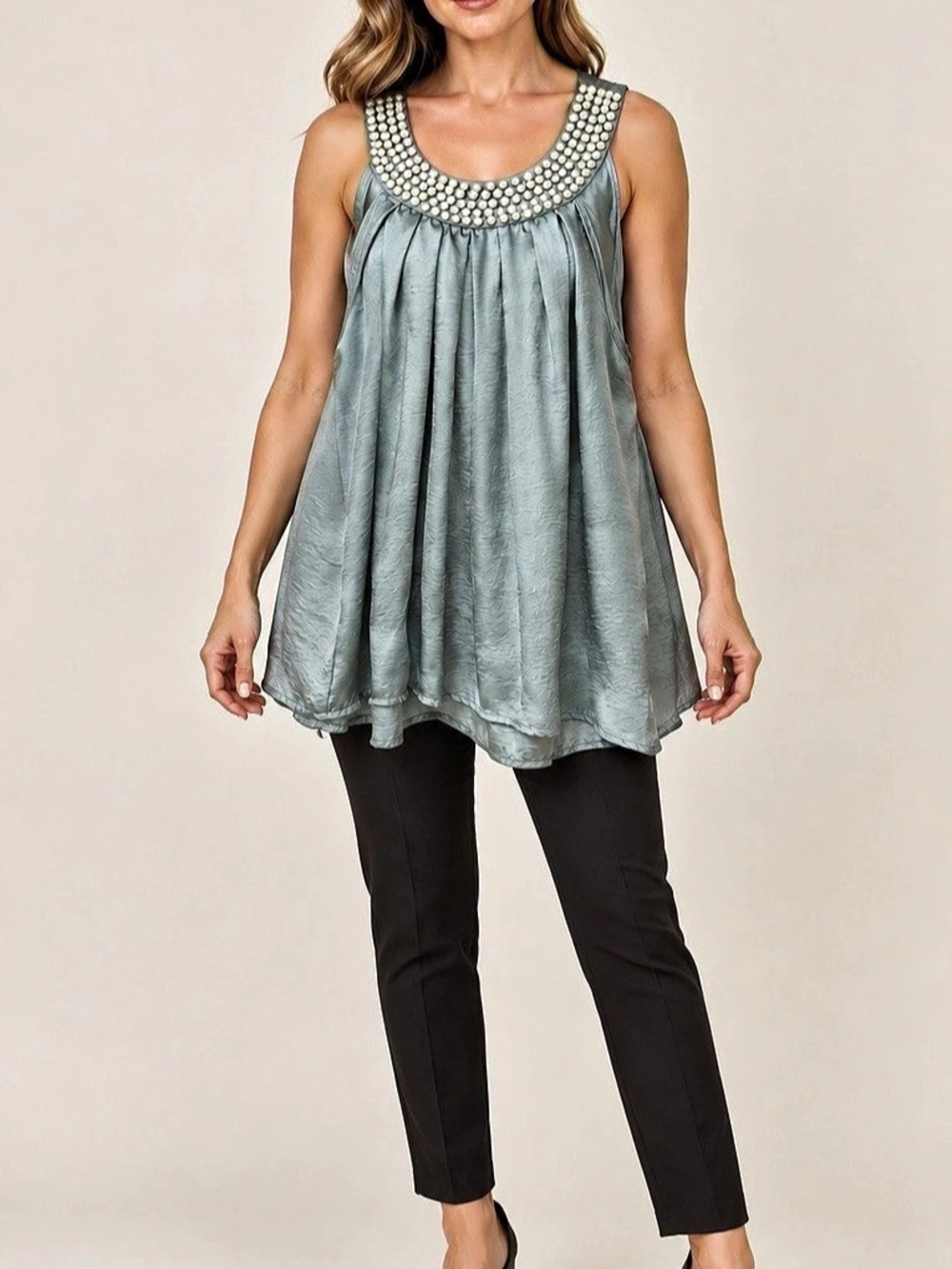 Beaded Neckline Tunic in Grey Like New